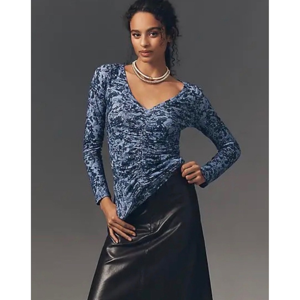 Pilcro Anthropologie Blue Flora Ruched V Neck Long Sleeve Top S NWT